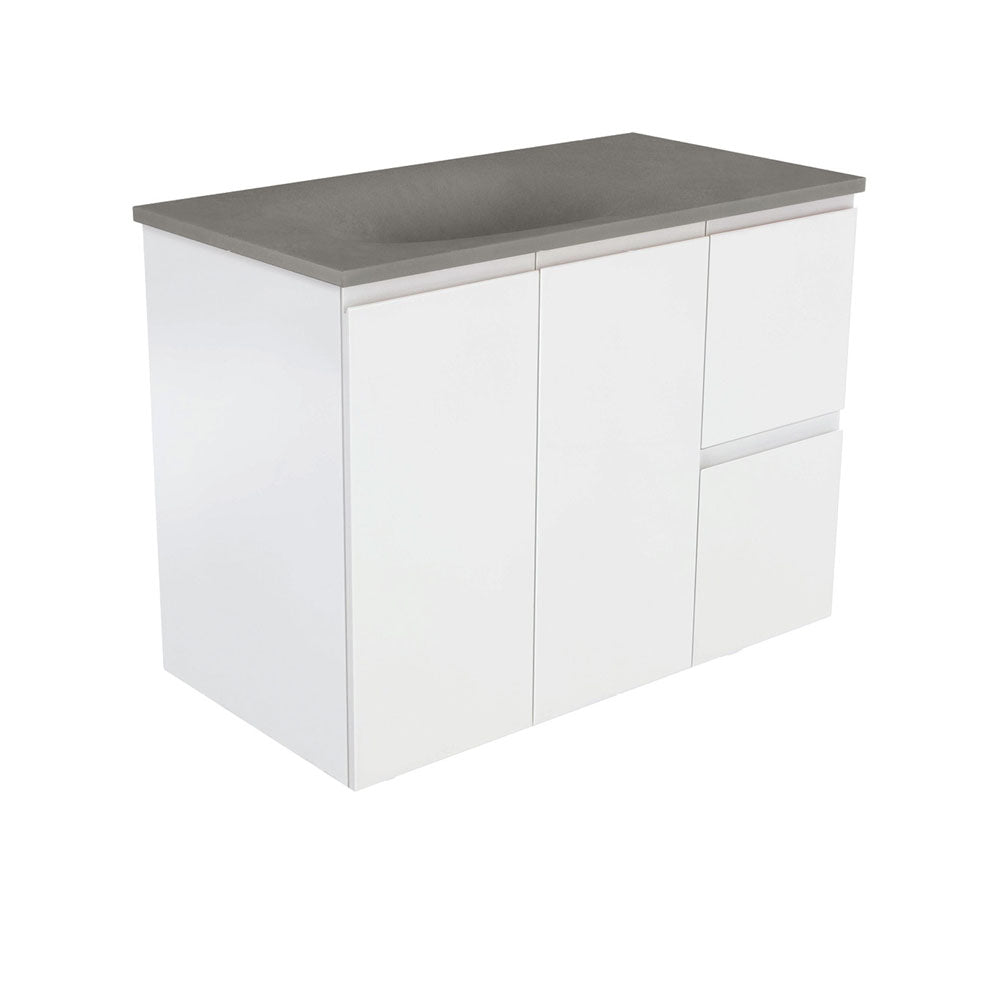 Fienza SAT90ZR Satori Fingerpull Wall Hung Vanity, 900mm, Right Drawers, Satin White