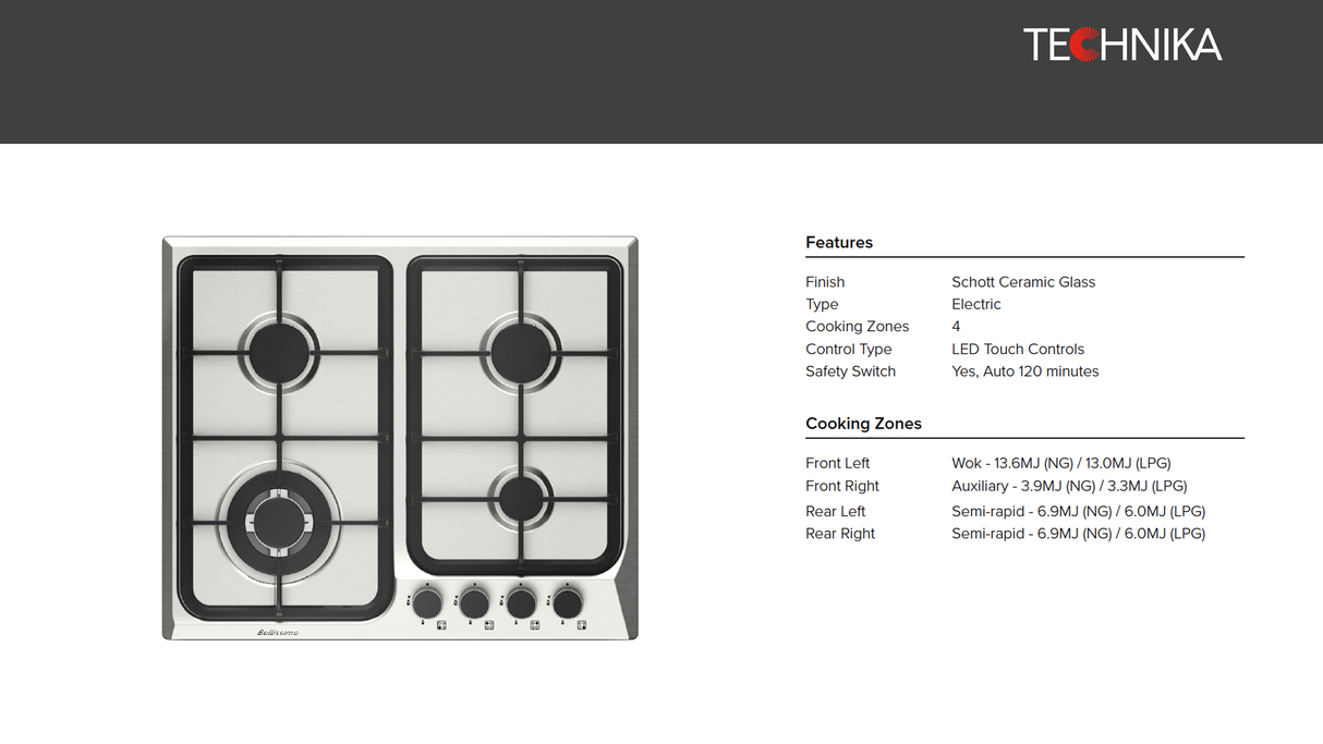 Technika SATB64GWS 4 Burner Stainless Steel Gas Cooktop  - Black Friday Sale!!!