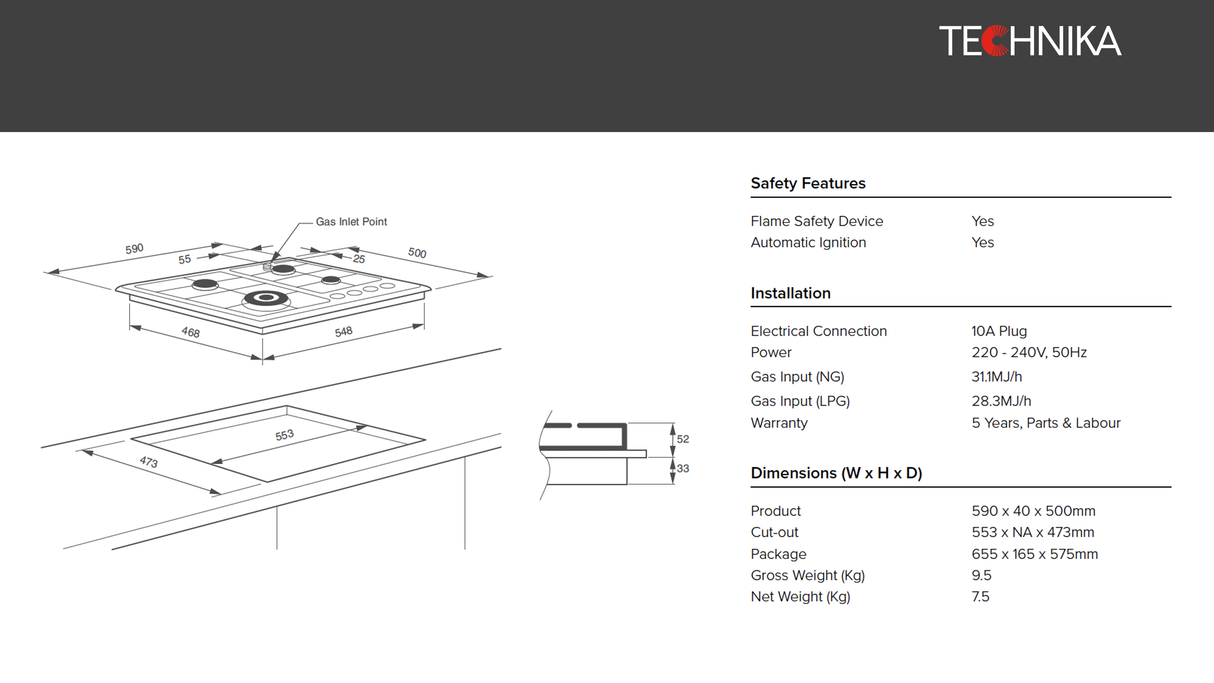 Technika SATB64GWS 4 Burner Stainless Steel Gas Cooktop  - Black Friday Sale!!!