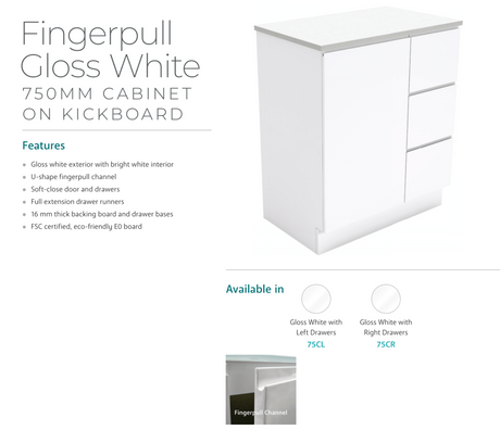 Fienza Crystal Pure Sc75Cr 750Mm Undermount Stone Top Fingerpull Vanity Unit With Kickboard Left