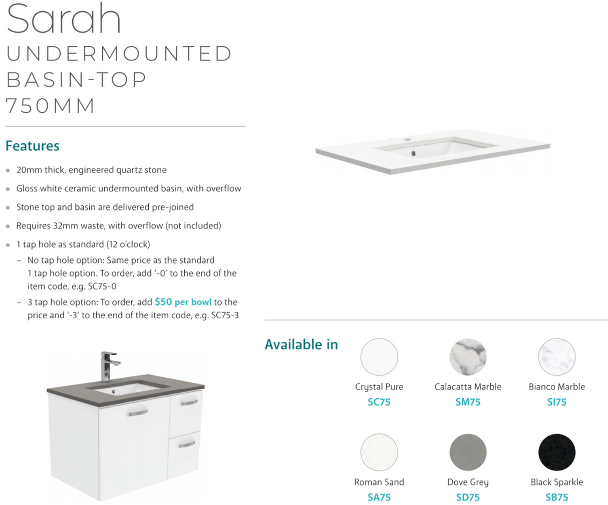 Fienza Crystal Pure Sc75Cr 750Mm Undermount Stone Top Fingerpull Vanity Unit With Kickboard Left