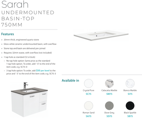 Fienza Crystal Pure Sc75Cr 750Mm Undermount Stone Top Fingerpull Vanity Unit With Kickboard Left