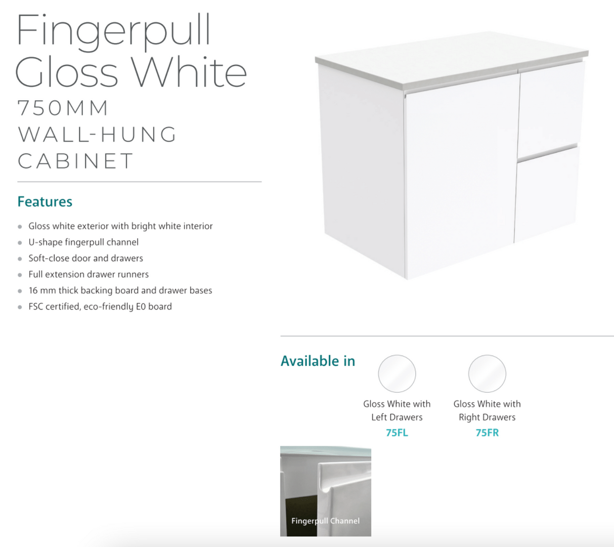 Fienza Crystal Pure Sc75Fl 750Mm Undermount Stone Top Fingerpull Wall Hung Vanity Unit Left Drawers