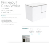 Fienza Crystal Pure Sc75Fr 750Mm Undermount Stone Top Fingerpull Wall Hung Vanity Unit Right Drawers