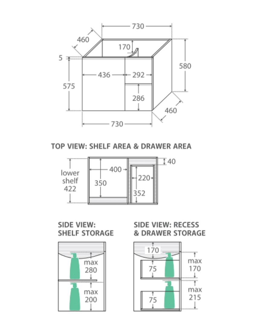Fienza Crystal Pure Sc75Fr 750Mm Undermount Stone Top Fingerpull Wall Hung Vanity Unit Right Drawers