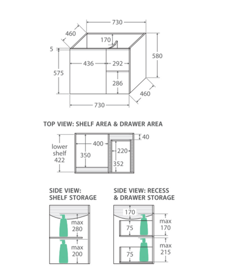Fienza Crystal Pure Sc75Fr 750Mm Undermount Stone Top Fingerpull Wall Hung Vanity Unit Right Drawers