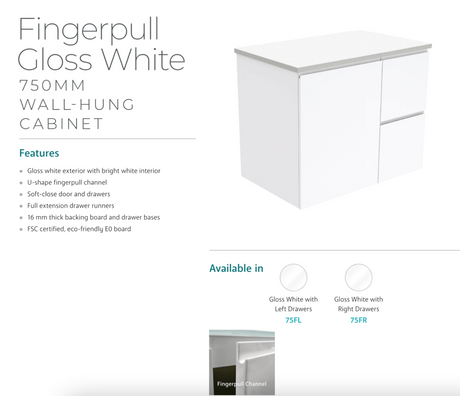 Fienza Crystal Pure 750Mm Sc75Zl Undermount Stone Top Wall Hung Vanity Unit Fingerpull Left Drawers