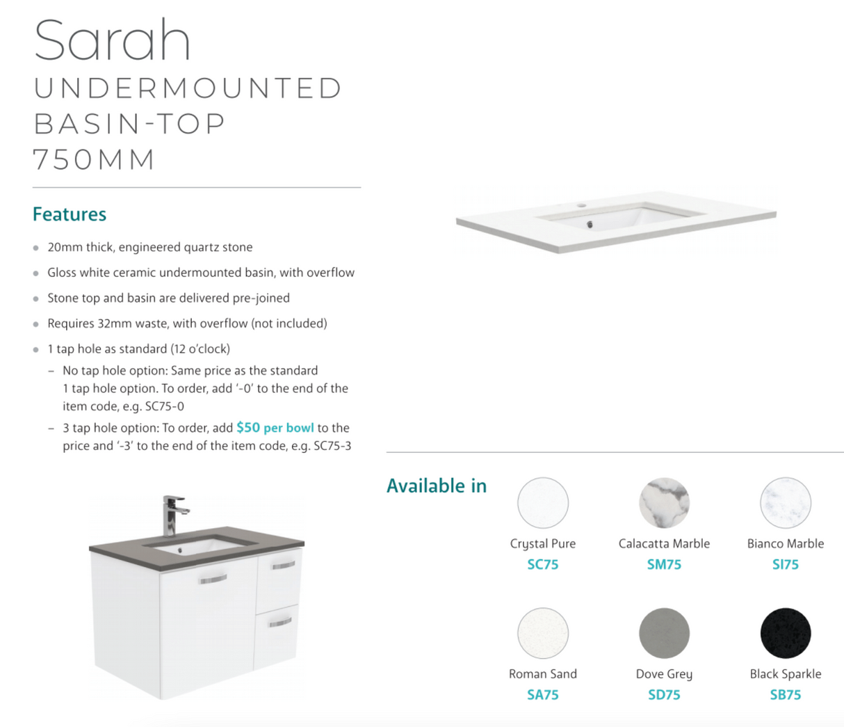 Fienza Crystal Pure Sc75Fr 750Mm Undermount Stone Top Fingerpull Wall Hung Vanity Unit Right Drawers