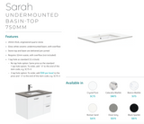 Fienza Crystal Pure Sc75Fr 750Mm Undermount Stone Top Fingerpull Wall Hung Vanity Unit Right Drawers