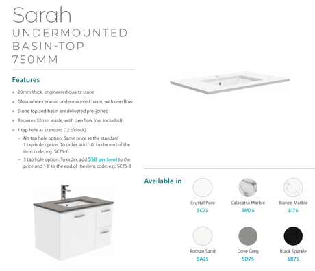 Fienza Crystal Pure Sc75Fr 750Mm Undermount Stone Top Fingerpull Wall Hung Vanity Unit Right Drawers