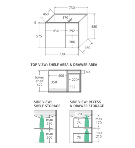 Fienza Crystal Pure 750Mm Sc75Zl Undermount Stone Top Wall Hung Vanity Unit Fingerpull Left Drawers