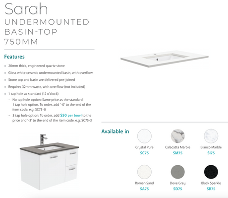 Fienza Crystal Pure 750Mm Sc75Zl Undermount Stone Top Wall Hung Vanity Unit Fingerpull Left Drawers