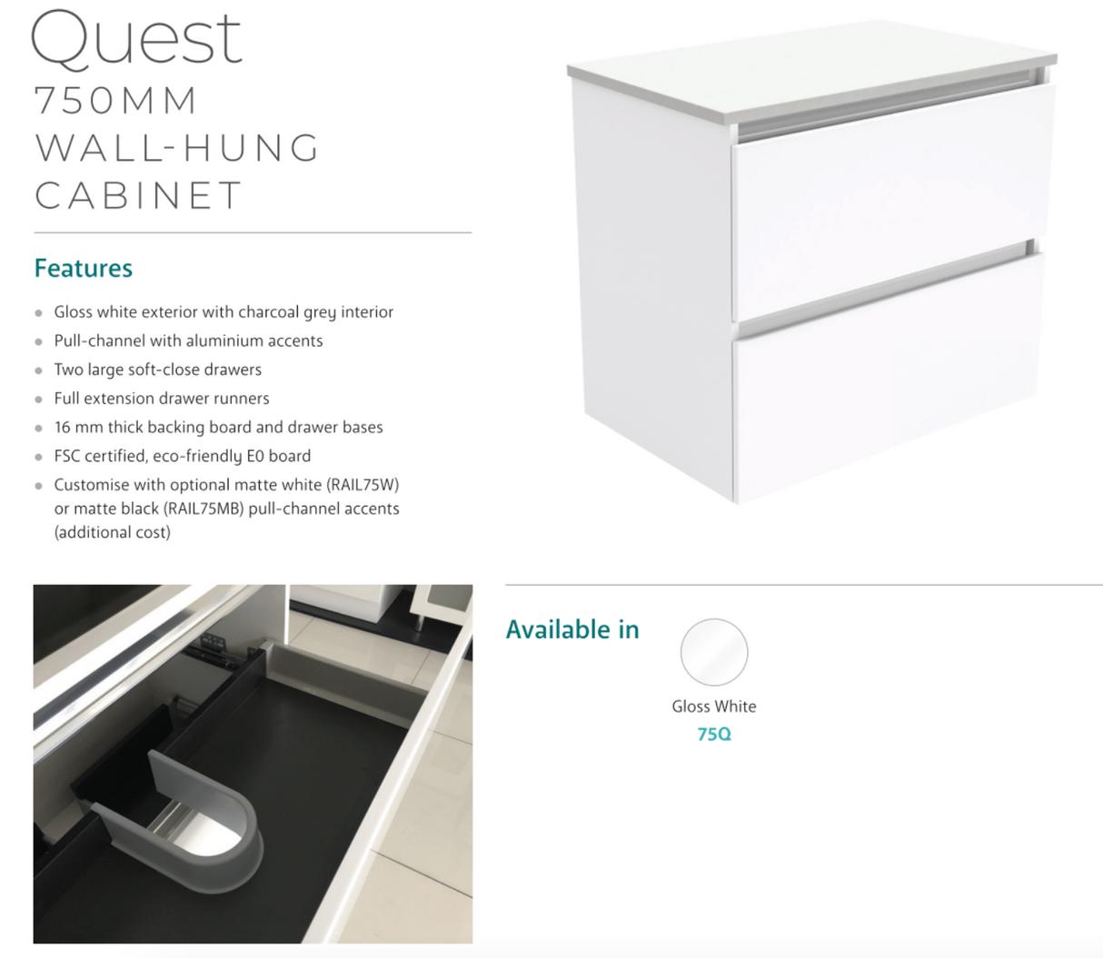 Fienza Sc75Q 750Mm Crystal Pure Undermount Stone Top Quest Wall Hung Vanity Unit White - Special
