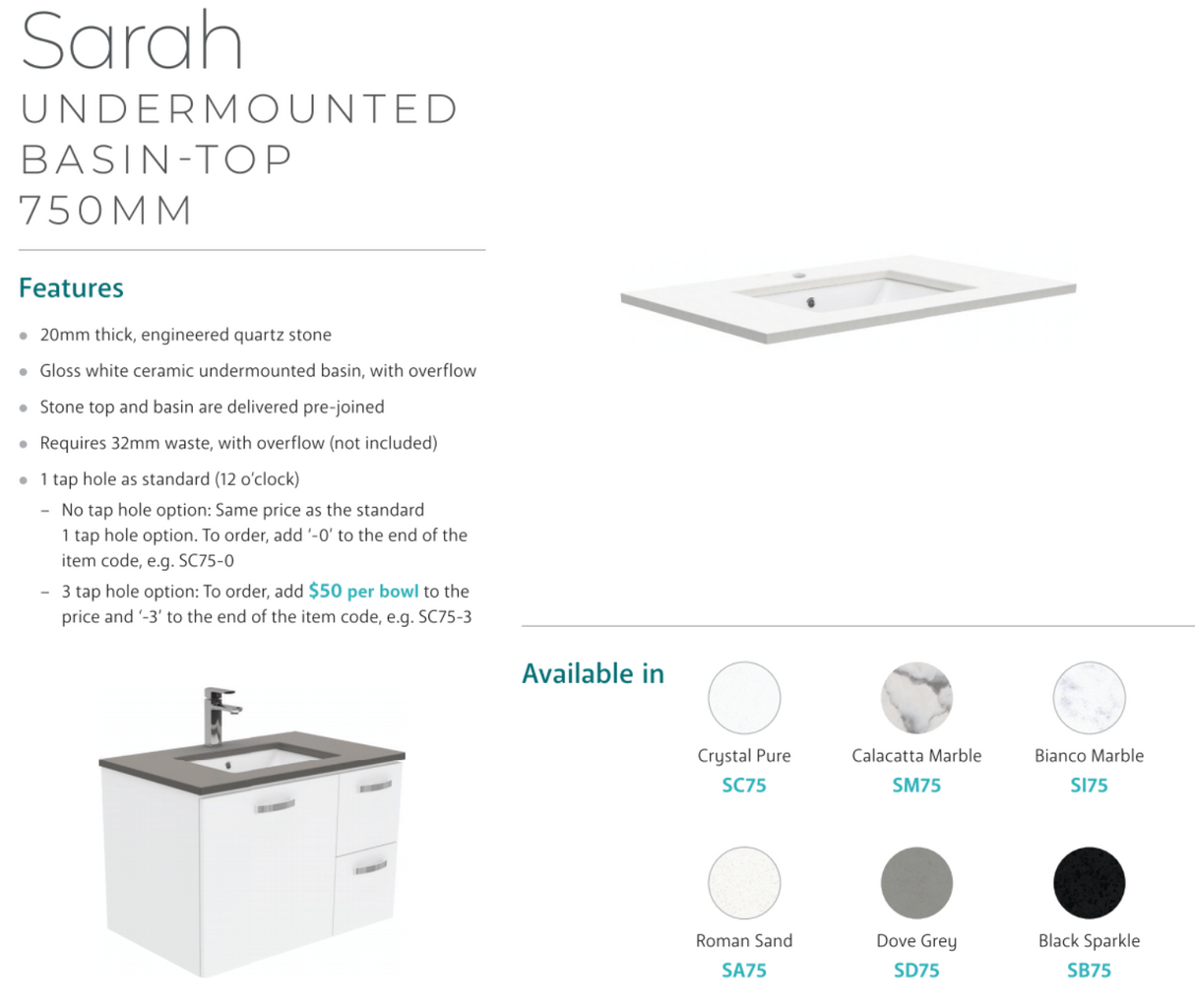 Fienza Sc75Q 750Mm Crystal Pure Undermount Stone Top Quest Wall Hung Vanity Unit White - Special