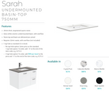 Fienza Sc75Q 750Mm Crystal Pure Undermount Stone Top Quest Wall Hung Vanity Unit White - Special