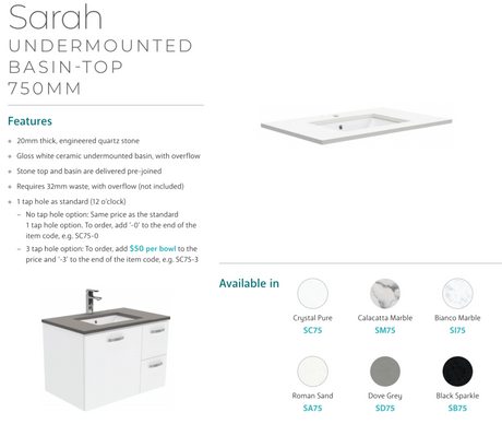 Fienza Sc75Q 750Mm Crystal Pure Undermount Stone Top Quest Wall Hung Vanity Unit White - Special