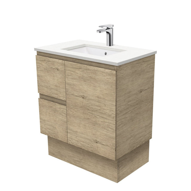 Fienza Crystal Pure Sc75Skl 750Mm Undermount Stone Top Vanity Unit Edge Scandi Oak Left Drawers With