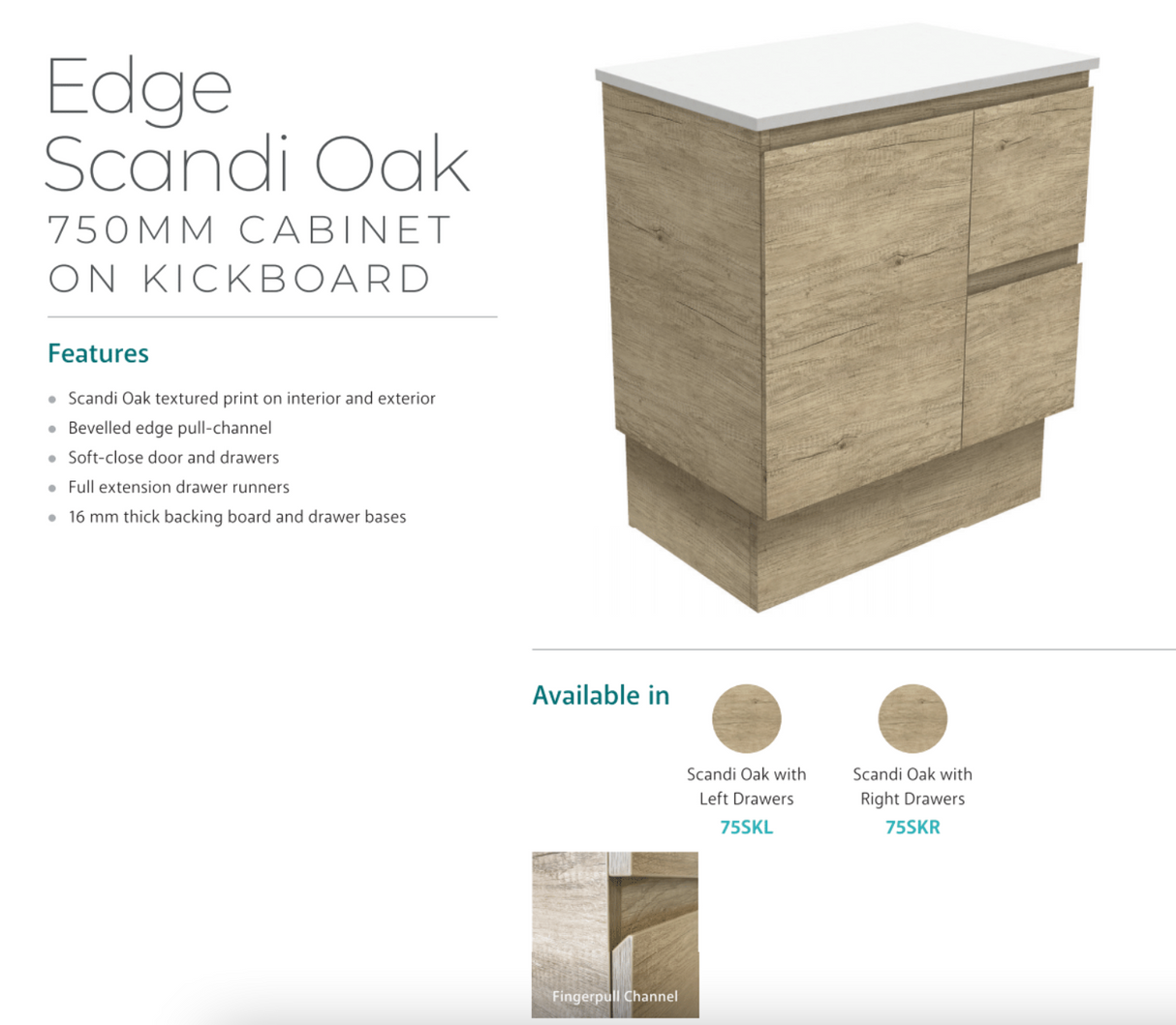 Fienza Crystal Pure Sc75Skl 750Mm Undermount Stone Top Vanity Unit Edge Scandi Oak Left Drawers With