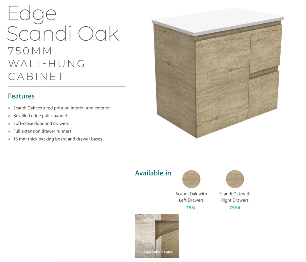 Fienza Crystal Pure Sc75Sr 750Mm Undermount Stone Top Edge Scandi Oak Wall Hung Vanity Unit Right
