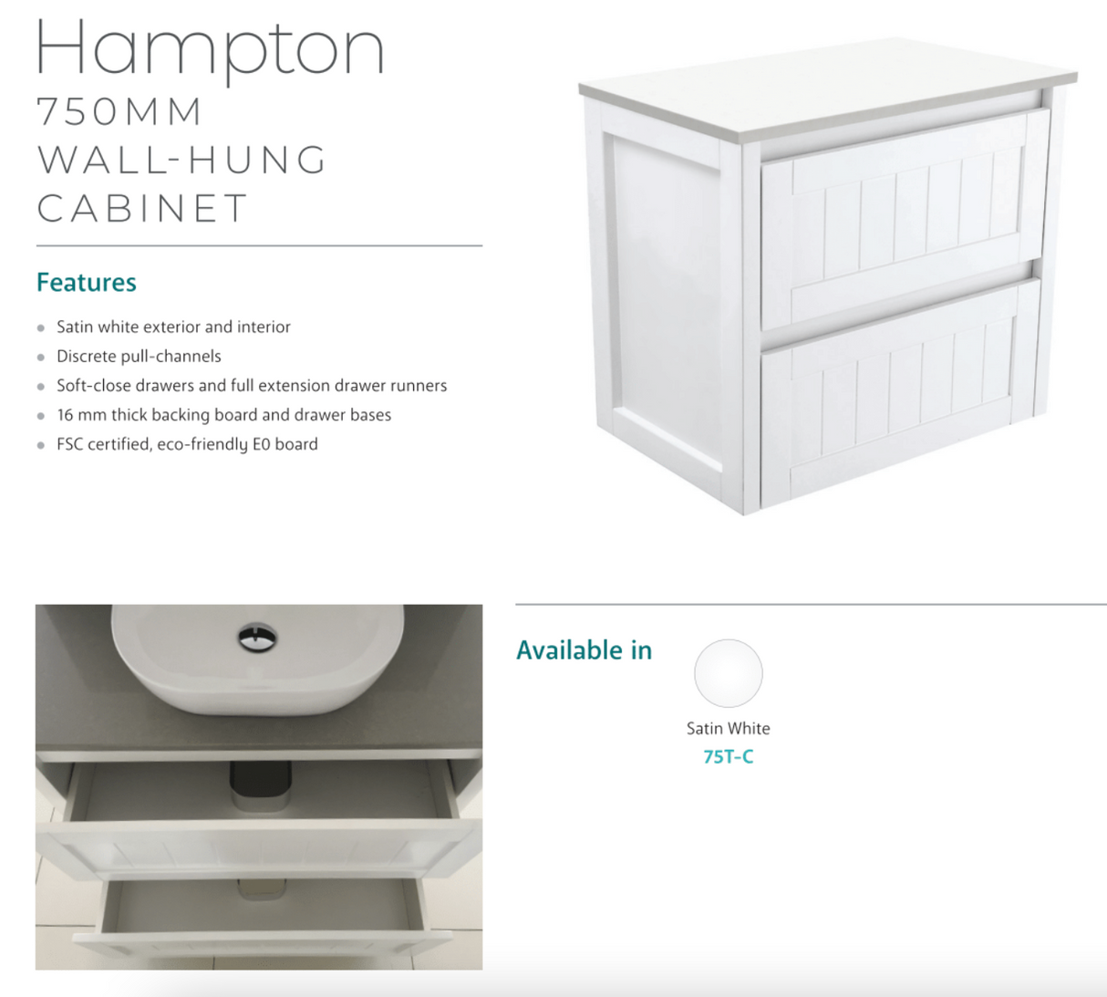 Fienza 750Mm Sc75T Crystal Pure Undermount Stone Top Hampton Wall Hung Vanity Unit White - Special