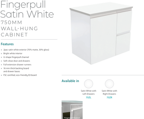 Fienza Crystal Pure 750Mm Sc75Zr Undermount Stone Top Wall Hung Vanity Unit Fingerpull Right Drawers