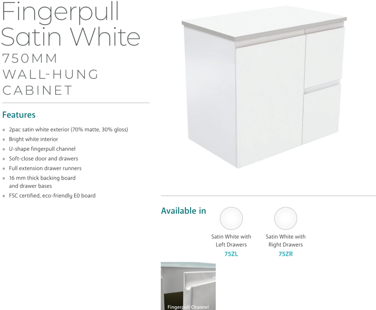 Fienza Crystal Pure 750Mm Sc75Zr Undermount Stone Top Wall Hung Vanity Unit Fingerpull Right Drawers