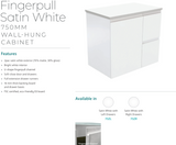 Fienza Crystal Pure 750Mm Sc75Zr Undermount Stone Top Wall Hung Vanity Unit Fingerpull Right Drawers