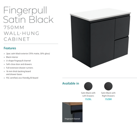 Fienza 750Mm Sc75Zbl Crystal Pure Undermount Stone Top Fingerpull Wall Hung Vanity Unit Left Drawers