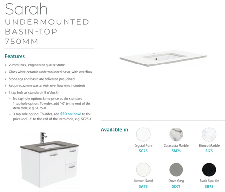 Fienza 750Mm Sc75Zbl Crystal Pure Undermount Stone Top Fingerpull Wall Hung Vanity Unit Left Drawers