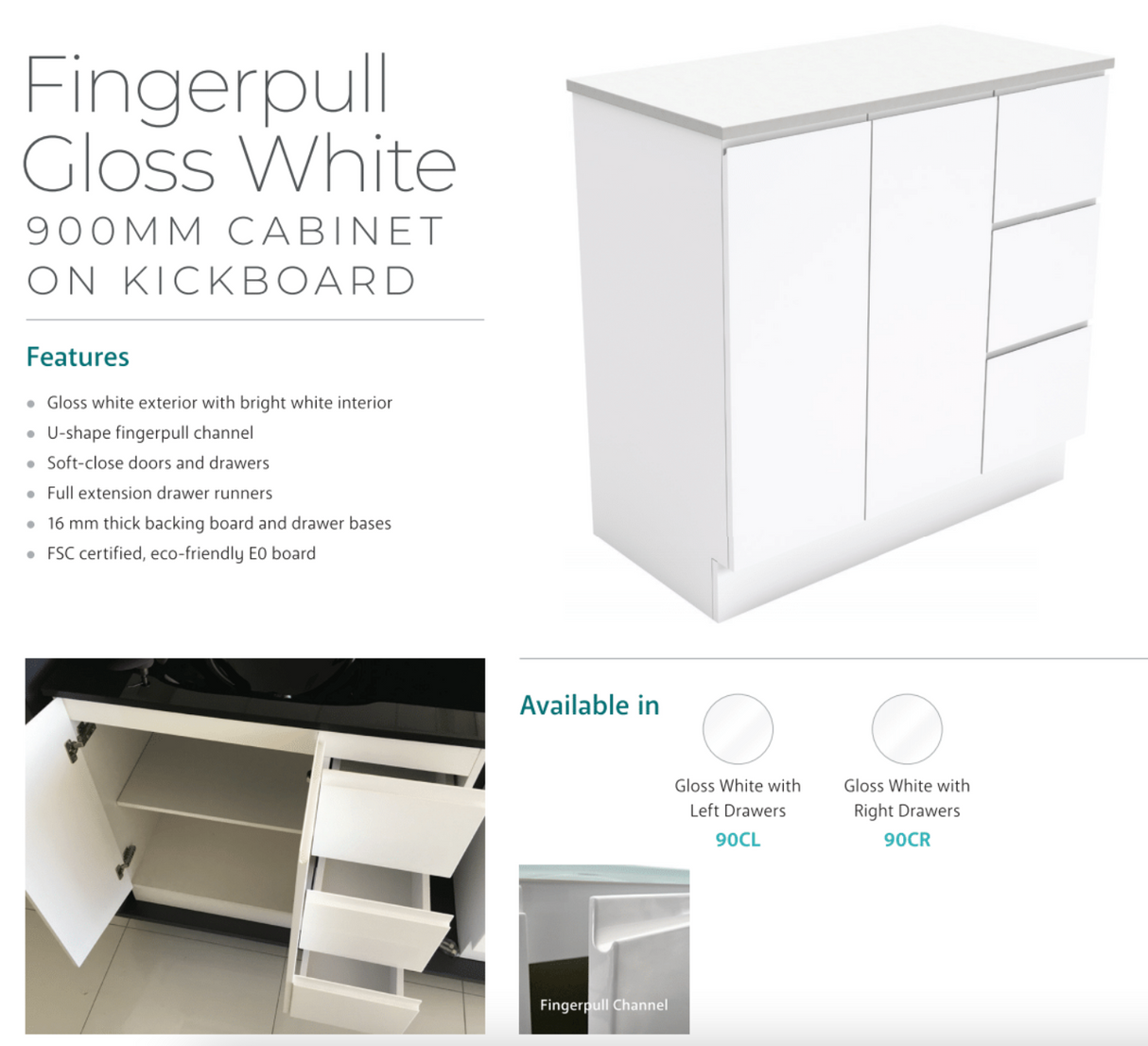 Fienza Sc90Cl 900Mm Crystal Pure Undermount Stone Top Fingerpull Vanity Unit On Kickboard Left