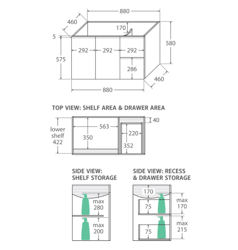 Fienza Sc90Fl 900Mm Crystal Pure Undermount Stone Top Fingerpull Wall Hung Vanity Unit Left Drawers