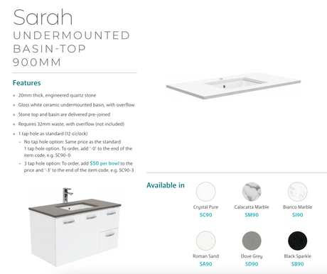 Fienza Sc90Fl 900Mm Crystal Pure Undermount Stone Top Fingerpull Wall Hung Vanity Unit Left Drawers