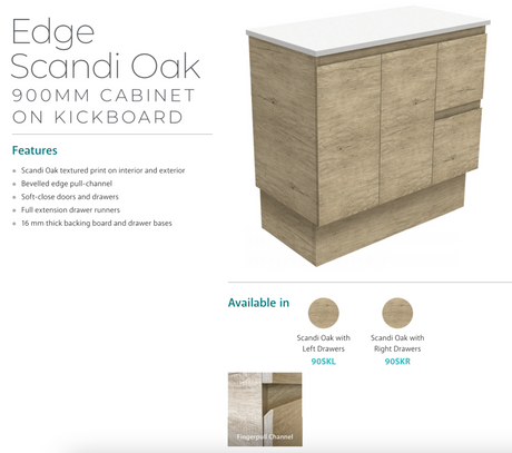 Fienza 900Mm Sc90Skr Crystal Pure Undermount Stone Top Edge Scandi Oak Vanity Unit On Kickboard