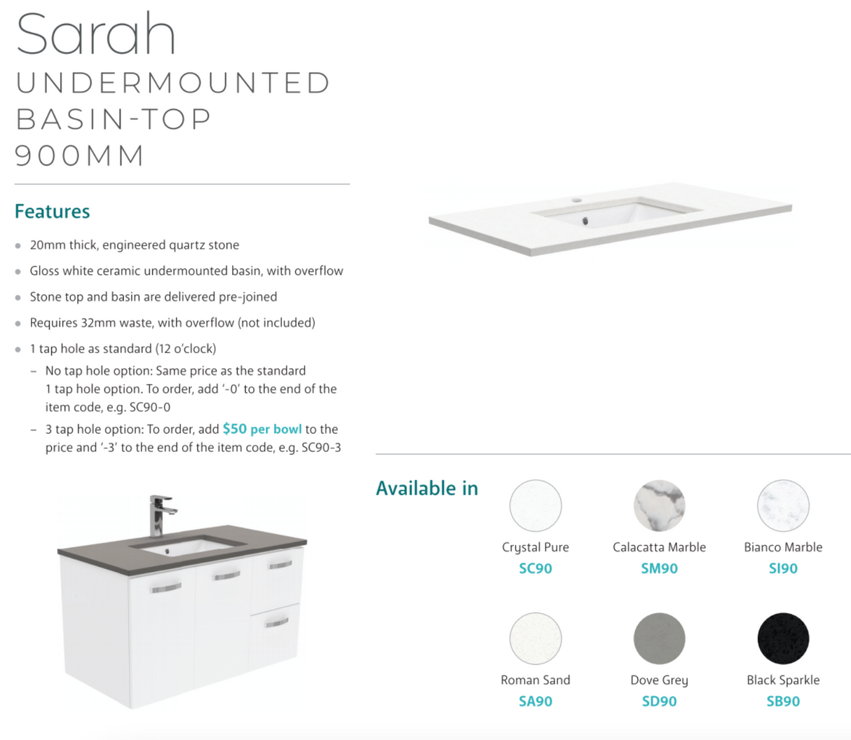 Fienza 900Mm Sc90Skr Crystal Pure Undermount Stone Top Edge Scandi Oak Vanity Unit On Kickboard