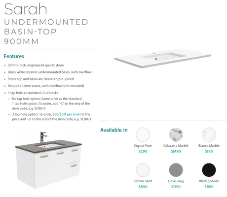 Fienza 900Mm Sc90Skr Crystal Pure Undermount Stone Top Edge Scandi Oak Vanity Unit On Kickboard