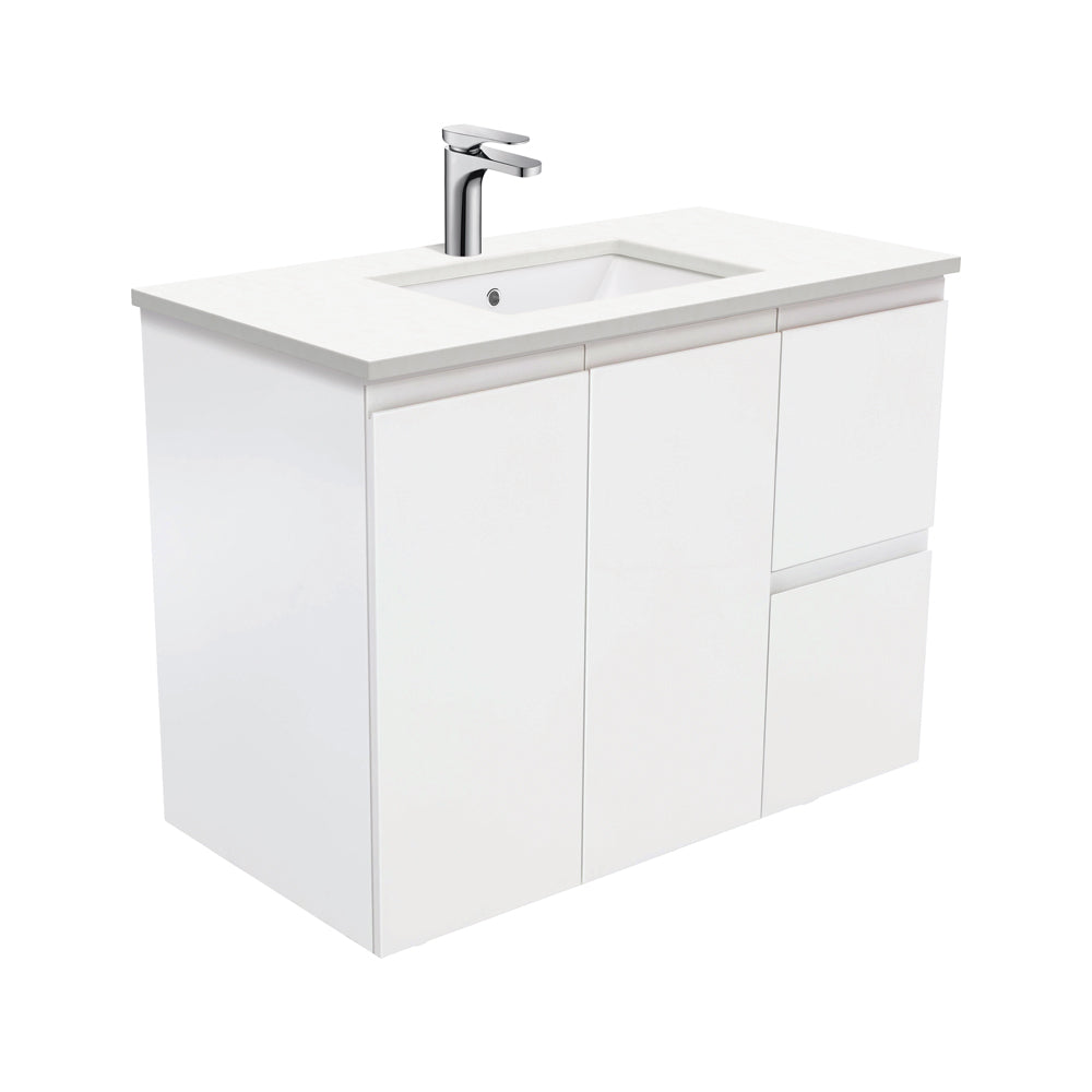 Fienza Sc90Zr 900Mm Crystal Pure Undermount Stone Top Fingerpull Wall Hung Vanity Unit Right Drawers