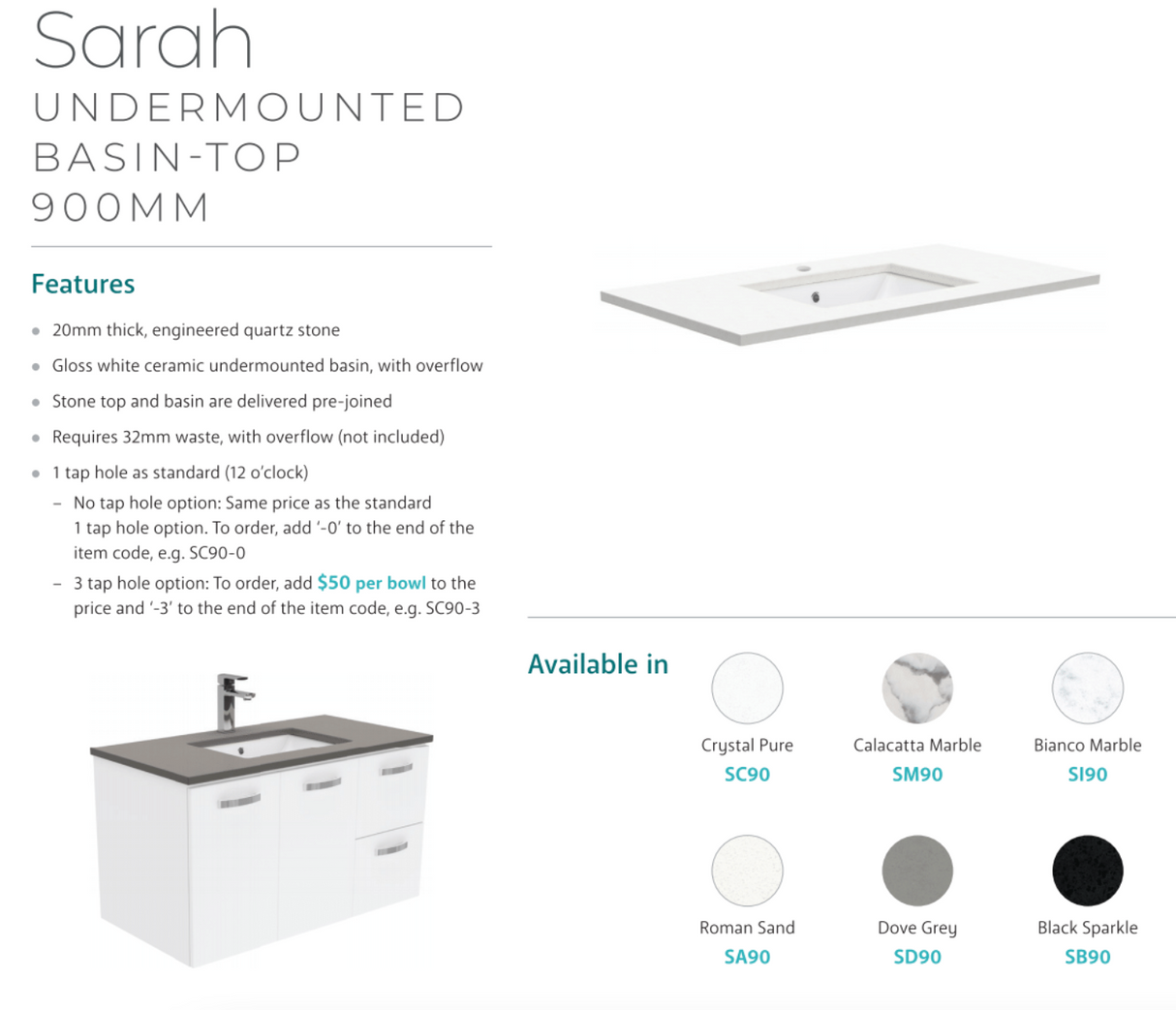 Fienza Sc90Zr 900Mm Crystal Pure Undermount Stone Top Fingerpull Wall Hung Vanity Unit Right Drawers