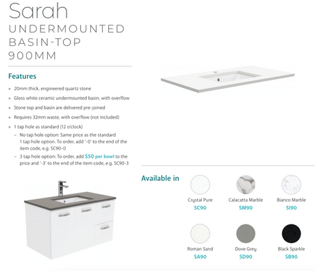 Fienza Sc90Zr 900Mm Crystal Pure Undermount Stone Top Fingerpull Wall Hung Vanity Unit Right Drawers