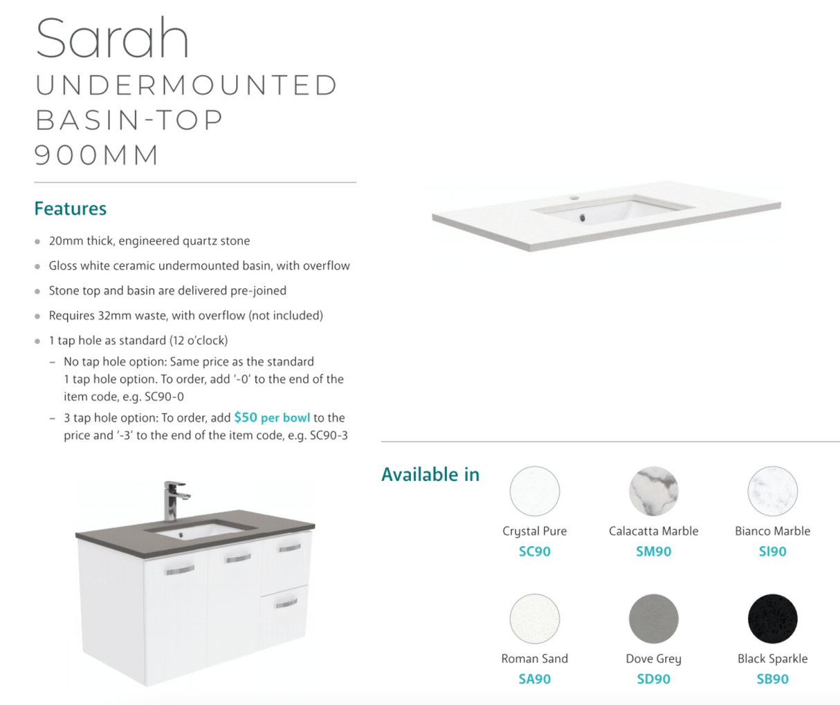 Fienza 900Mm Sc90Zkl Crystal Pure Undermount Stone Top Fingerpull Vanity Unit With Kickboard Satin