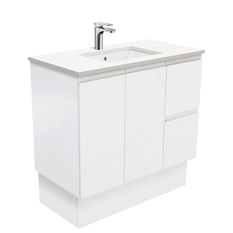 Fienza 900Mm Sc90Zkr Crystal Pure Undermount Stone Top Fingerpull Vanity Unit With Kickboard Satin