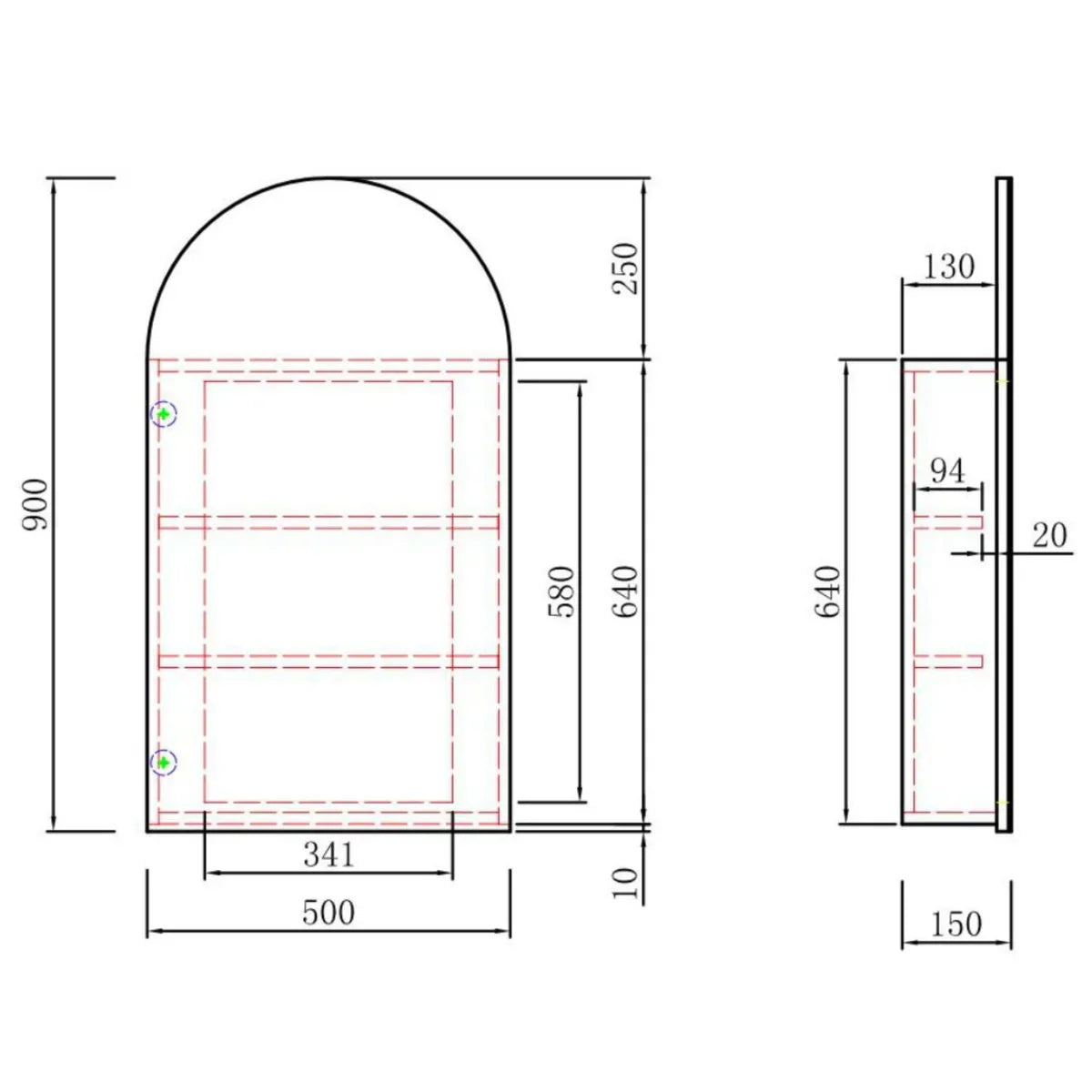 Aulic Canterbury Arch Carita Shaving Cabinet 500 x 900mm SCCAN-500-CR Mirrors & Cabinets