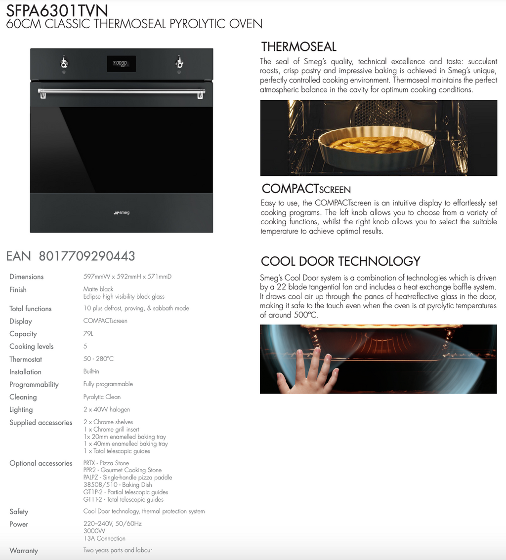 Smeg SFPA6301TVN 60cm Classic Thermoseal Pyrolytic BuiltIn Oven Ex
