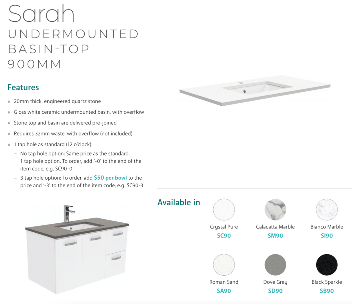 Fienza Sarah 900Mm Si90C Bianco Marble Vanity Unit Fingerpull With Kickboard White - Special Order