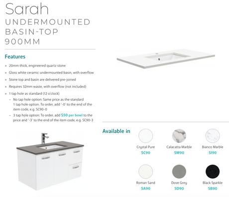 Fienza Sarah 900Mm Si90C Bianco Marble Vanity Unit Fingerpull With Kickboard White - Special Order