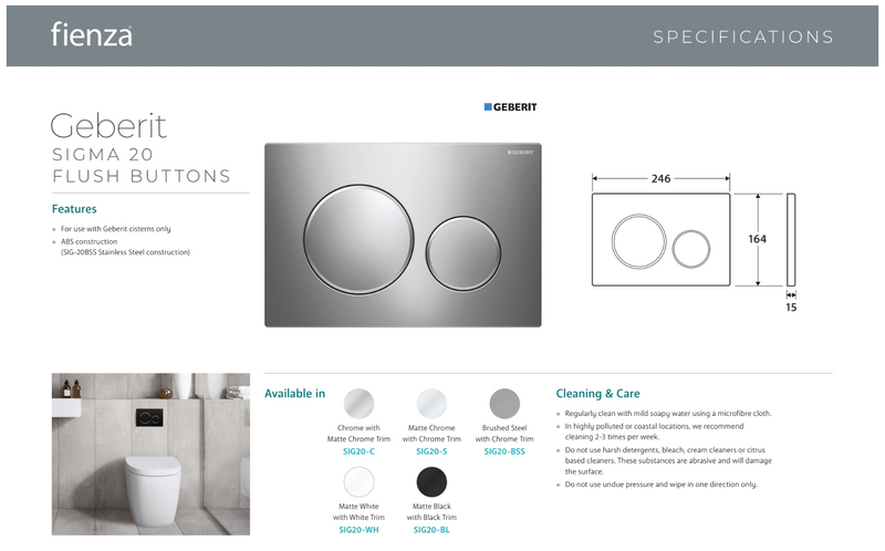 Fienza Geberit Toilet Package Isabella Wall Faced Gloss White Pan Slim Seat, Geberit Inwall Cistern, Sigma 20 Matte White Buttons - Special Order