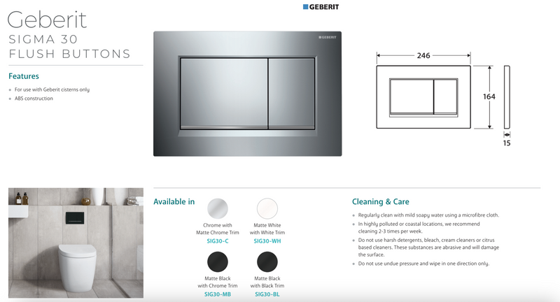 Fienza Geberit Toilet Package Isabella Wall Faced Gloss White Pan Slim Seat, Geberit Inwall Cistern, Sigma 30 Matte White Buttons - Special Order