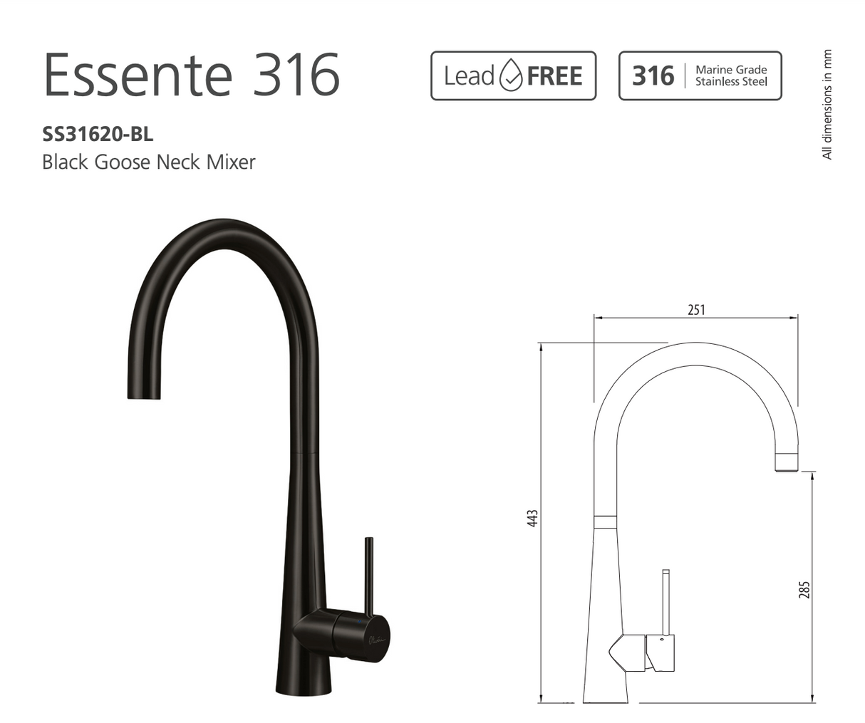 Oliveri SS31620-BL Essente 316 Goose Neck Mixer, Black - Online Only