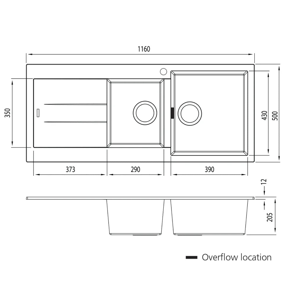 Oliveri Santorini 1 & 3/4 Right Hand Bowl Sink with Drainer, Topmount, 1140x480mm, with Overflow, White, ST-WH1512 OF