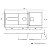 Oliveri Santorini 1 & 3/4 Right Hand Bowl Sink with Drainer, Topmount, 1140x480mm, with Overflow, Matte Black, ST-MB1512 OF