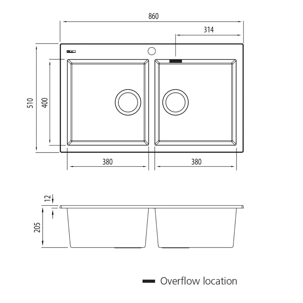 Oliveri Santorini Double Bowl Sink, Topmount, 840x480mm, with Overflow, Matte Black, ST-MB1564 OF